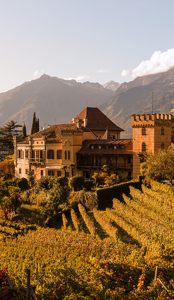 Das Weinbaumuseum Schloss Rametz mit der Bergwelt im Hintergrund